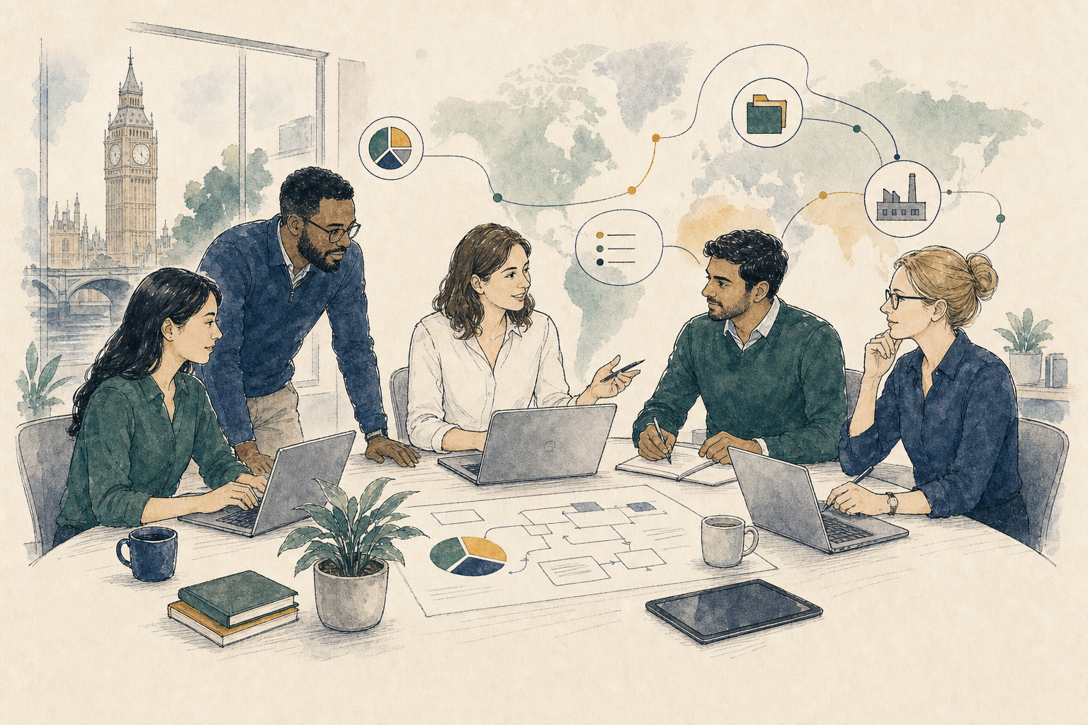 London consulting team coordinating international operations, workflows, devices, and vendors