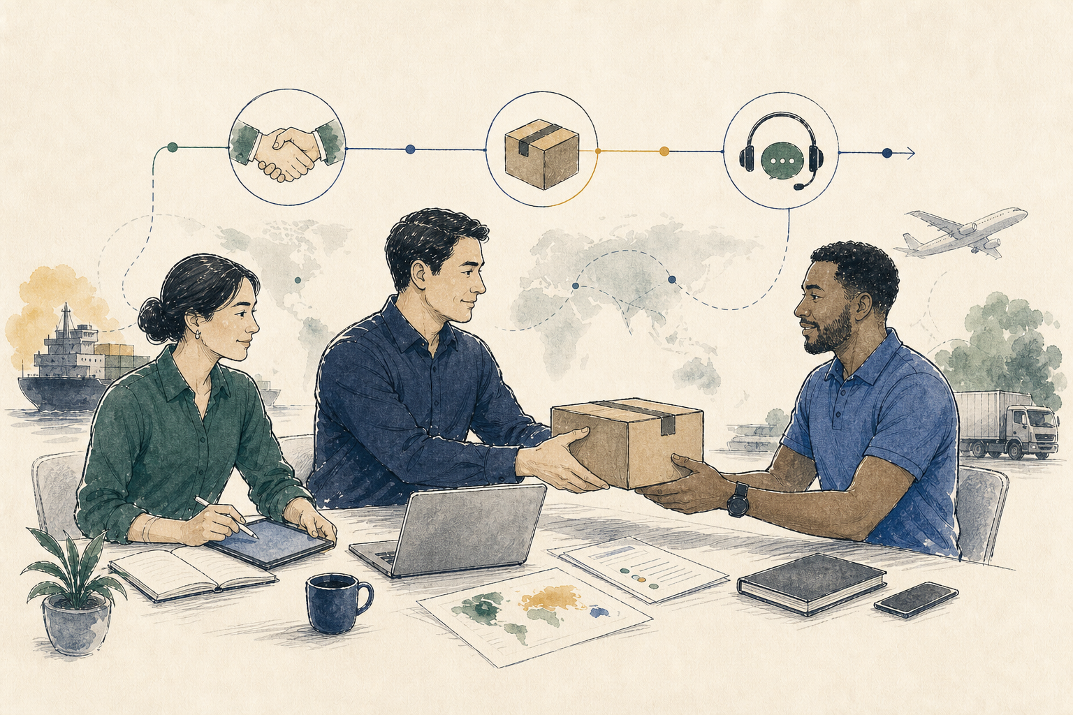 Internal operations leads coordinating a delivery handoff with an external vendor